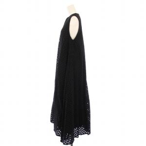 PAPILLONNER ear フレアワンピース ミモレ ロング ノースリーブ スキッパー カットワーク F 黒 ブラック /BB