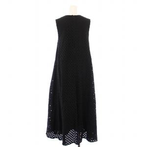 PAPILLONNER ear フレアワンピース ミモレ ロング ノースリーブ スキッパー カットワーク F 黒 ブラック /BB