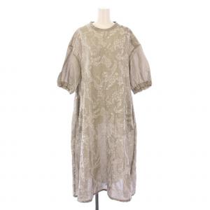 ワンピース ミモレ ロング 長袖 クルーネック 刺繍 麻 リネン インナーキャミソール F グレージュ