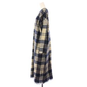 45R ワンピース ミモレ ロング 長袖 クルーネック フリンジ ウール チェック柄 0 紺 ネイビー 青 ブルー