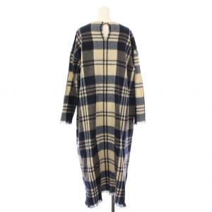 45R ワンピース ミモレ ロング 長袖 クルーネック フリンジ ウール チェック柄 0 紺 ネイビー 青 ブルー