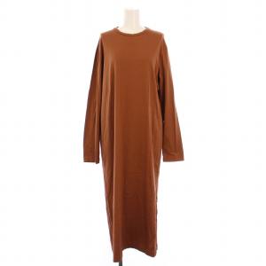 ワンピース ミモレ ロング 長袖 クルーネック ストレッチ スリット 無地 2 茶 ブラウン /BB