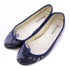 バレエシューズ パンプス ラウンドトゥ ローヒール チャンキーヒール エナメル リボン 37.5 紺 ネイビー