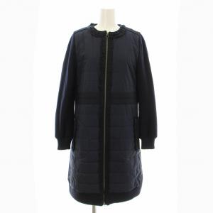 ノーカラーコート 中綿 ミドル丈 キルティング 切替 ウール フリル 38 紺 ネイビー 3604121