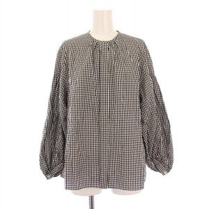 24SS コットンキュプラギンガムチェック ギャザーパフブラウス シャツ 七分袖 クルーネック 総柄 36