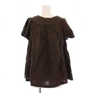 インドリネンシャンブレーのブラウス シャツ 半袖 バンドカラー フリル ギャザー F 茶 ブラウン 70530282