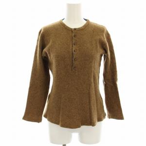 ニット セーター ウール 麻 リネン混 ヘンリーネック エルボーパッチ 七分袖 M 茶 ブラウン /HN