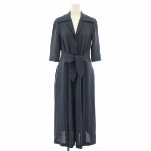 ワンピース ロング オープンカラー 七分袖 リボン ヴィンテージ 40 紺 ネイビー /YT