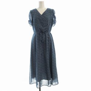 タグ付き ラップ風花柄レトロワンピース フレア マキシ ロング ベルト付き 半袖 2 青 ブルー 白 ホワイト