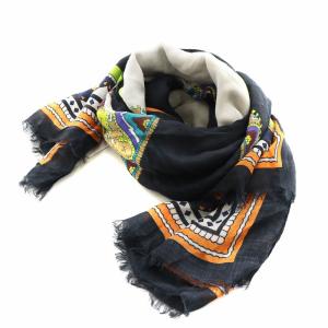 ストール フリンジ ペイズリー柄 モダール カシミヤ混 マルチカラー オレンジ 水色 ライトブルー ライトグリーン