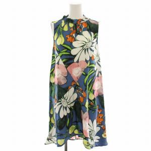 ワンピース ノースリーブ 絹 シルク 花柄 フラワープリント テールカット ひざ丈 36 マルチカラー