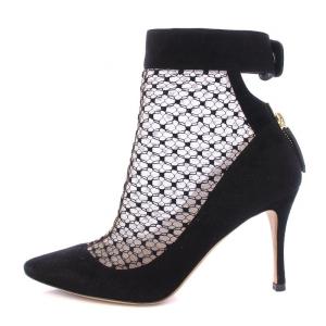 ショートブーツ アーモンドトゥ ハイヒール シアー シースルー スエード メッシュ 切替 37 黒 ブラック