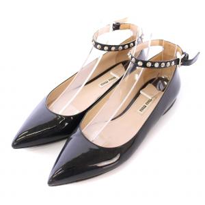 ストラップパンプス アンクル ポインテッドトゥ ローヒール エナメル スタッズ 装飾 36.5 黒 ブラック
