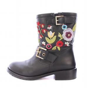 エンジニアブーツ ショート ローヒール レザー ベルト スパンコール 花柄 装飾 36 黒 ブラック /BB