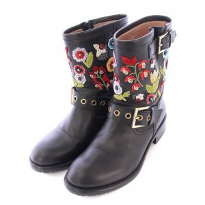 RED VALENTINO REDVALENTINO エンジニアブーツ ショート ローヒール レザー ベルト スパンコール 花柄 装飾 36 黒 ブラック /BB
