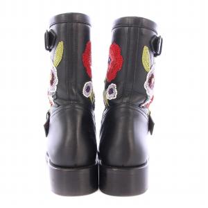 RED VALENTINO REDVALENTINO エンジニアブーツ ショート ローヒール レザー ベルト スパンコール 花柄 装飾 36 黒 ブラック /BB