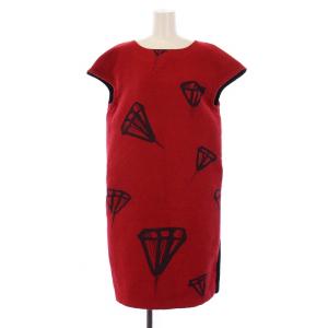 フライングダイヤジャガードドッキングワンピース ひざ丈 フレンチスリーブ 柄 切替 ウール 2 赤 黒