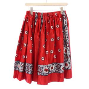 フレアスカート ギャザー イージー ひざ丈 サテン 花柄 プリント S 赤 レッド /BB