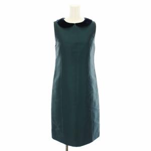 ワンピース ひざ丈 ノースリーブ ラウンドカラー ベロア衿 絹 シルク 38 緑 グリーン 紺 ネイビー