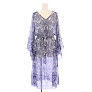 ワンピース ミモレ ロング 長袖 Vネック シアー シースルー 総柄 ベルト 36 青 ブルー /BB