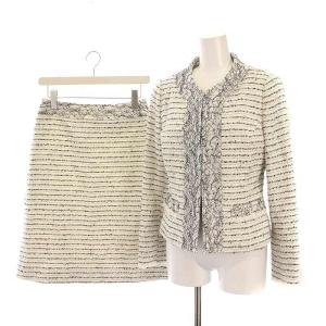 スーツ セットアップ 上下 ツイード ノーカラージャケット ひざ丈 スカート ボーダー レース 38 黒