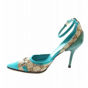 GUCCI GGキャンバス パンプス ポインテッドトゥ ストラップ ホースビット スエード 34C 21cm ベージュ