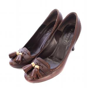 パンプス ラウンドトゥ チャンキーヒール レザー タッセルチャーム 装飾 38 茶 ブラウン /BB