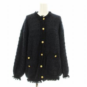 24SS Tweed Knit Jacket ツイードニットジャケット ノーカラー フリンジ 金ボタン