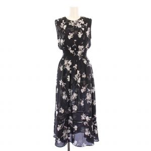 23SS ウエストシャーリングフラワープリントワンピース フレア ギャザー マキシ ロング ノースリーブ