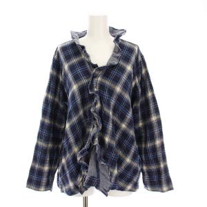 45R 45rpm インド藍ネルチェックフリルブラウス シャツ 長袖 薄手 45R 45rpm インド藍ネルチェックフリルブラウス シャツ 長袖 薄手