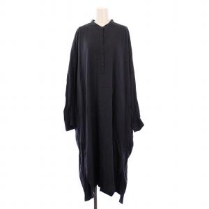 フィールツイルシャツワンピース ブラウス ミモレ ロング 長袖 バンドカラー ハーフボタン 無地 F 紺