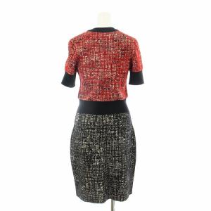 LANVIN ニットワンピース ミモレ ロング 半袖 チェック柄 ウール S 赤 レッド 黒 ブラック RW-DR3200-MA02-A15