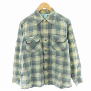 70s シャツ 長袖 チェック柄 ウール USA製 L 水色 ライトブルー /AN23