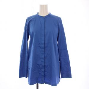 シャツ ブラウス 長袖 バンドカラー ストレッチ 無地 38 青 ブルー /BB