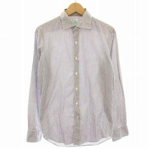 カジュアルシャツ ギンガムチェック 長袖 38 白 ホワイト 水色 ライトブルー 茶 ブラウン /HN
