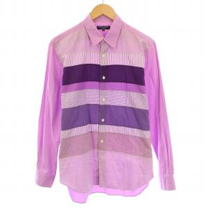 カジュアルシャツ 長袖 レギュラーカラー 切替 ストライプ柄 千鳥格子柄 総柄 S ピンク 紫 パープル