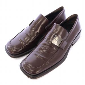 ローファー スクエアトゥ ローヒール レザー ロゴプレート 42 茶 ブラウン /BB