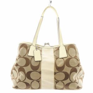 シグネチャー トートバッグ ハンドバッグ がま口 レザー キャンバス ベージュ F13533 /AN1