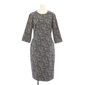 タイトワンピース ひざ丈 七分袖 クルーネック 総柄 40 黒 ブラック ライトグレー /BB