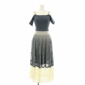 コンビネーションカラープリーツオフショルニットワンピース フレア ロング マキシ 半袖 ストライプ柄 切替