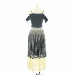 eimy istoire コンビネーションカラープリーツオフショルニットワンピース フレア ロング マキシ 半袖 ストライプ柄 切替