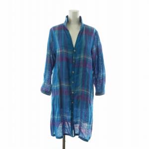 シャツワンピース ひざ丈 チェック 麻 リネン100％ 七分袖 3 ブルー /NQ