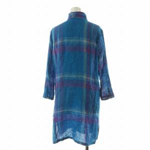 Pal'las Palace シャツワンピース ひざ丈 チェック 麻 リネン100％ 七分袖 3 ブルー /NQ