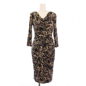 タイトワンピース ひざ丈 七分袖 ドレープ ストレッチ 総柄 ベルト 40 ベージュ 黒 ブラック /BB