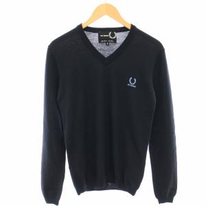 × RAF SIMON ニット カットソー Vネック ウール 長袖 ロゴ刺繍 S 紺 ネイビー SK7035