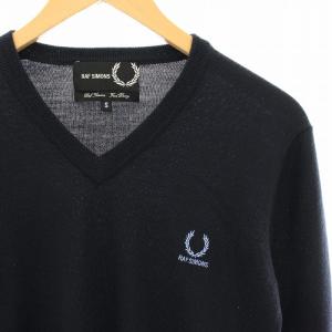 FRED PERRY × RAF SIMON ニット カットソー Vネック ウール 長袖 ロゴ刺繍 S 紺 ネイビー SK7035