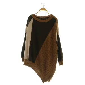 アランニット切替裏毛トップ ニット サテン スウェット 長袖 アシンメトリー 36 カーキ /MY OS