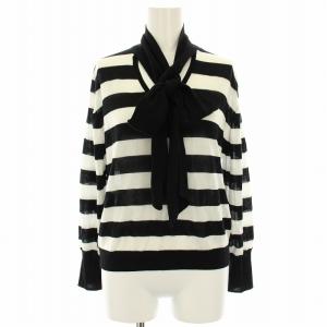 ボウタイニットトップ カットソー ボーダー ウール混 リボン 長袖 36 黒 ブラック 白 ホワイト 29143019