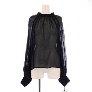 シアーシャツ ブラウス シースルー 長袖 ギャザー スタンドカラー 無地 8 紺 ネイビー タグ付き /BB
