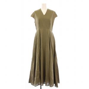 フレアワンピース ミモレ ロング 半袖 Vネック 無地 38 カーキ /BB